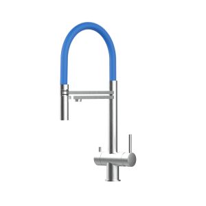 Grifo cocina 3 vías acero inox ducha 2 chorros amovible, cepillado / Azul