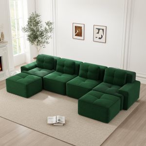Sofá modular en u pana verde 4 plazas asiento profundo sin montaje