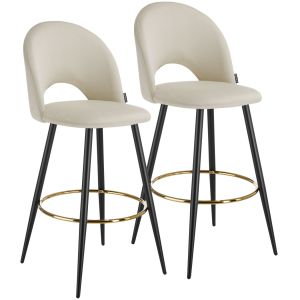 2 taburetes altos con terciopelo, respaldo y reposapiés, crema/negro