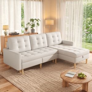 Sofá en l con chaise longue reversible tela beige 3 plazas con almacenaje