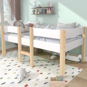 Cama semi-alta 90x190cm con barandilla y almacenaje madera – blanco