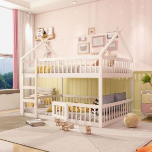 Cama alta 140x200cm con escalera y barandilla madera maciza – blanco