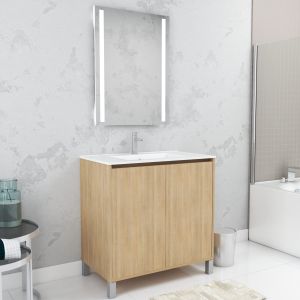 Mueble baño 80cm roble 2 puertas + lavabo + espejo 60x80 con luz LED