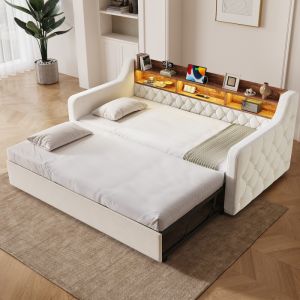 Sofá cama 90x190cm con almacenaje y luces velvety – beige