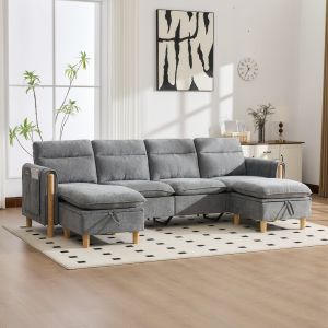 Sofá en u modular chenilla gris claro 4 plazas con almacenaje