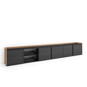 Mueble tv, 309x35x50cm, negro y roble, LED rf4708