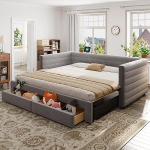 Sofá cama extensible 90/180x190 cm, cajones y somier de lamas, gris