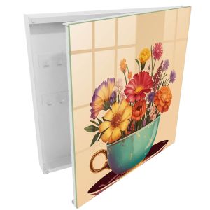Guardallaves decorativo 30x30x5 taza de flores, apertura derecha