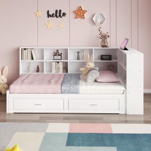 Sofá cama de madera 90x190, extensible 180x190, con cajones, blanco