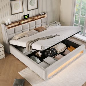Cama de lino 140x200 cm con LED y puertos usb – acabado beige