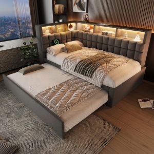 Cama tapizada de 90x200 con cama plegable,gris.
