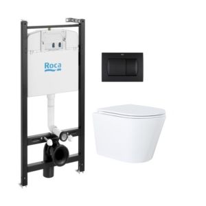 Roca active y pulsador negro y wc susp. Orion blanco tapa fina 51,5 cm kp