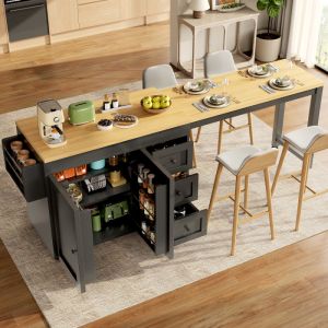 Isla de cocina extensible con almacenaje negra 89x179,5x45cm