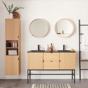 Mueble doble roble, grifos negros, espejos y columna studio