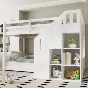 Litera 90x200cm con escalera con armarios madera maciza – blanco