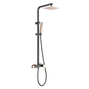 Columna de ducha monomando extensible color negro mate y oro rosa brillo