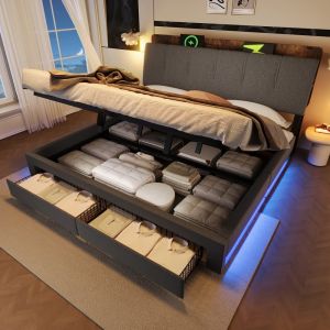 Cama tapizada 180x200cm con canapé hidráulico LED usb tipo c lino