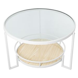 Mesa auxiliar metal blanco, cristal transparente , balda madera