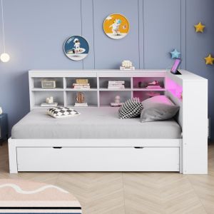 Cama sofá 90x200cm con cama nido 90x190cm, LED y usb, blanco