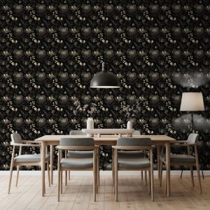 Papel pintado floral diseño elegante flores oro fondo negro 60cm por 300cm