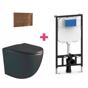 Pack inodoro genova negro mate con cisterna y pulsador cobre rectangular