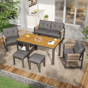 Conjunto sofás de jardín 6 plazas con mesa desmontable y cojines
