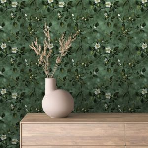 Papel floral botánico ramas con flores fondo verde oscuro 60cm por 300cm