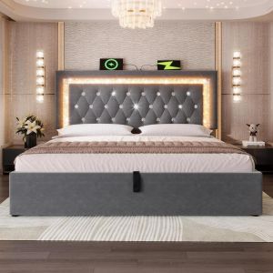 Cama doble 180x200cm con almacenaje hidraulico LED gris