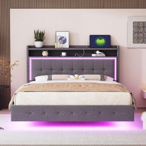 Cama doble 140x200cm gris con usb, luz LED y cabecero regulable