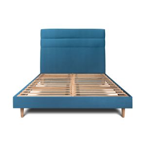 Cama de 135x190 cm con cabecero de línea - tejido de terciopelo - azul océa