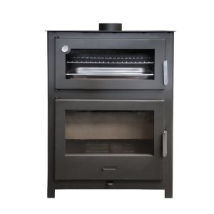 Estufa de leña con horno nadia 13,4 kw acero panorámica y horno refractario