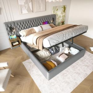 Cama 160x200 cm con cabecero iluminado usb, velour gris, 2 mesitas