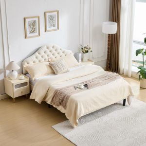 Cama tapizada terciopelo con cabecero ajustable 140x200cm beige