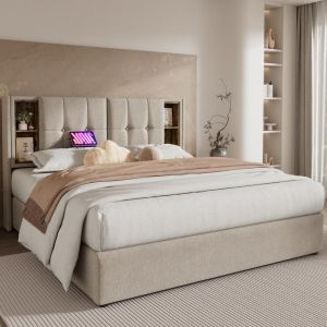 Cama 160x200cm algodón, carga inalámbrica usb-c, con arcón, natural