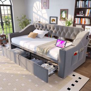 Sofá cama tapizado 90x190cm con usb y cajones terciopelo – gris claro