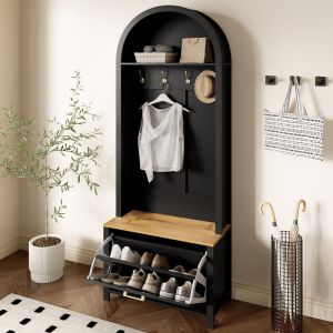 Mueble recibidor con perchero estante y zapatero negro y madera 195x75x35cm