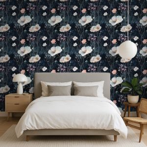 Papel floral elegante flores finas en  pastel fondo negro 60cm por 250cm
