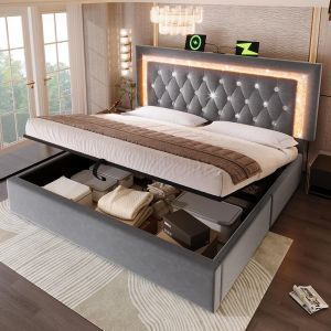 Cama hidráulica,180x200,tira LED diamante,gris