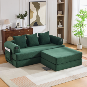 Sofá de pana verde esmeralda 4 plazas modular con chaise otomana