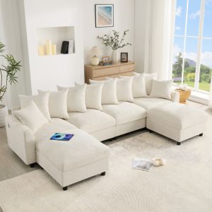 Sofá modular u l chenilla beige 6 plazas con usb-c y 2 otomanas