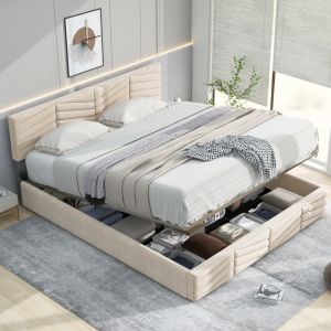 Cama tapizada 140x200cm con cabecero ajustable terciopelo – beige
