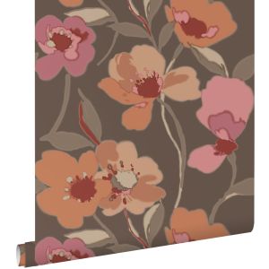 Estahome papel pintado flores rojo barro cocido y rosa viejo 50 x 900 cm