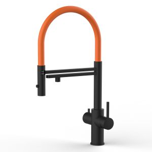 Grifo de cocina 5 vías acero inox ducha 2 chorros amovible, negro / naranja