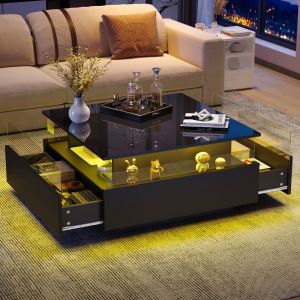 Mesa de centro con LED y 2 cajones negra 41x70x70cm