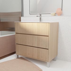 Pack mueble de baño 80 cm roble claro 3 cajones con lavabo de cerámica