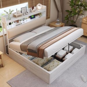 Cama doble con almacenaje 180x200cm cabecero tapizado blanco