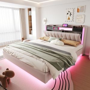 Cama tapizada 160x200cm con LED y usb lino – color beige