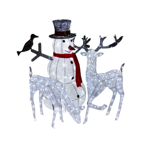 Ciervo, cierva y muñeco de nieve iluminados