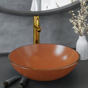 Lavabo de baño grifo y desagüe de empuje vidrio templado marrón es9398