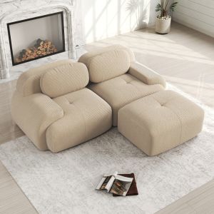 Sofá en l modular de pana beige con reposabrazos curvos sin montaje